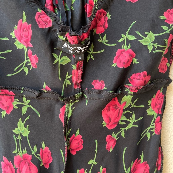 Betsey Johnson 100% silk red rose pattern Lace Trim dress - Picture 6 of 10